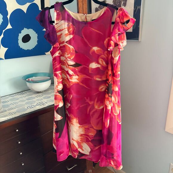 Kensie y2K Bold Orange, Pink Floral Chiffon Ruffle Sleeve Dress, Flowy Fit sz 8 - Picture 2 of 10